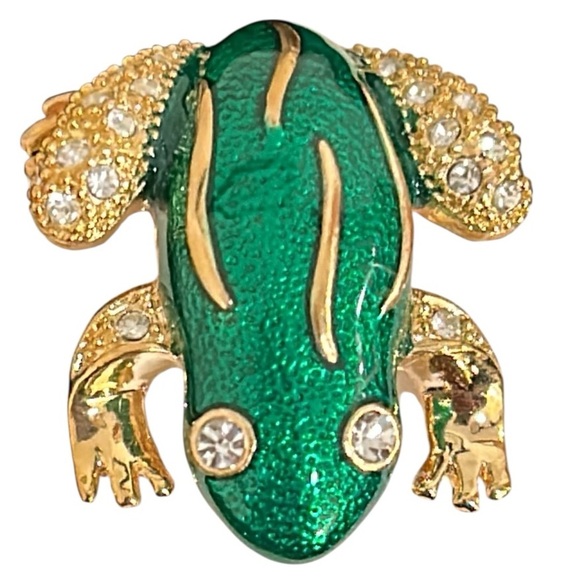 Roman Green Enamel Rhinestone Frog Brooch Pin, Signed - Picture 1 of 13